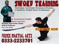 Sword Training, Broadsword, Straight Sword, barehand self defense, taulo sword kata, prince martial arts master suqrat farooqi, sunday classes